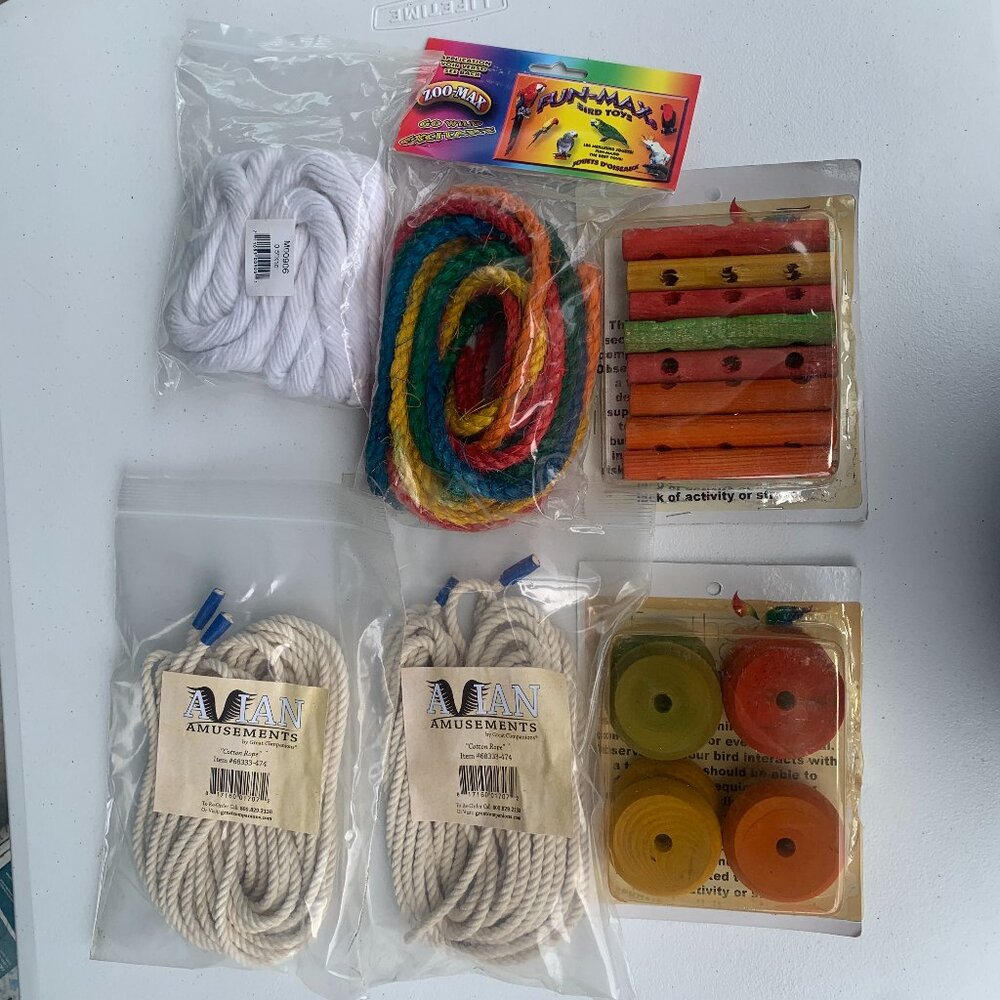 BIRD SUPPLIES - 6pc lot PARROT MACCAW, cage toys, ropes, blocks, replacememt DYI
